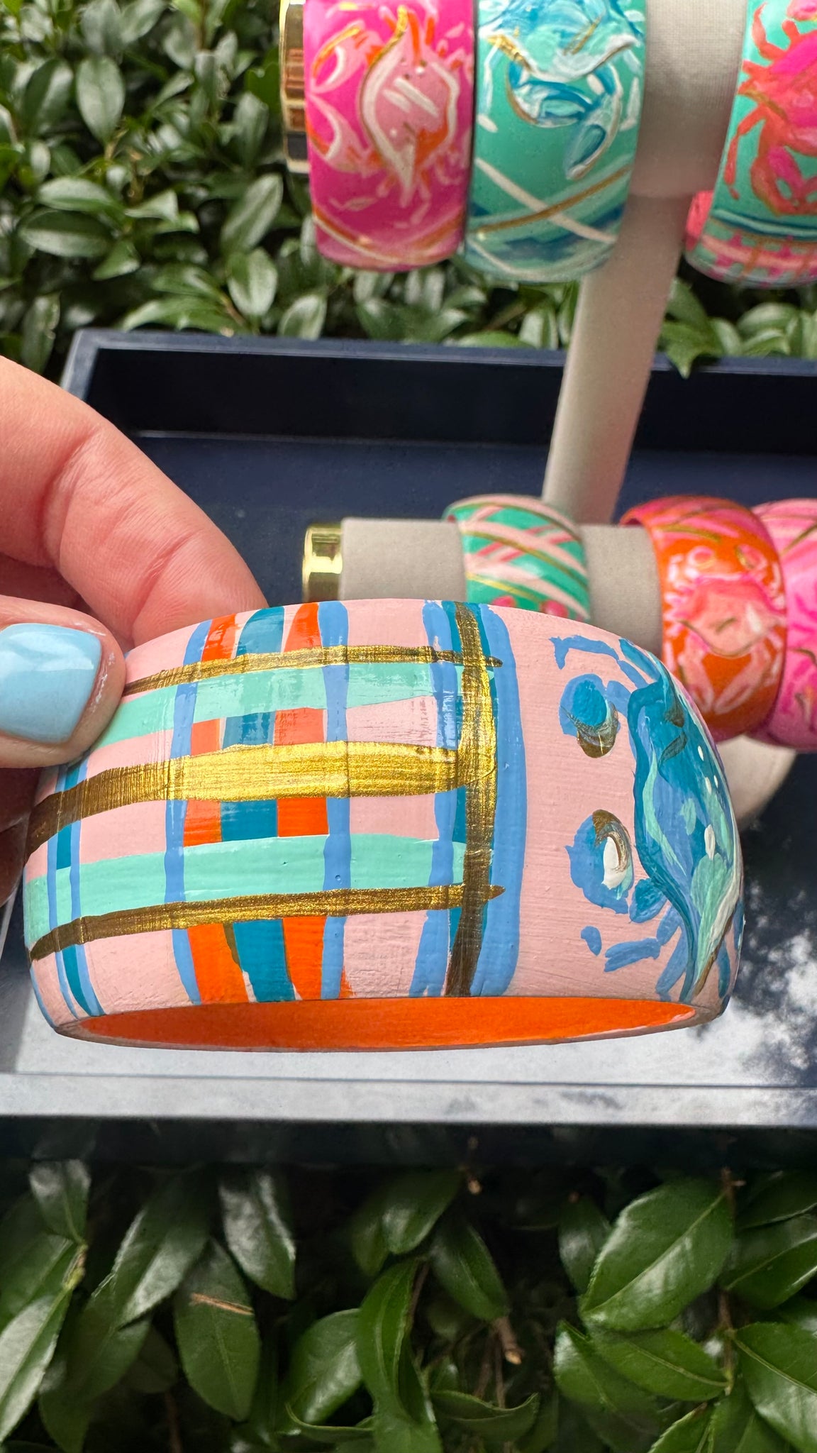 Hand Painted Crab Bracelet in Pink and Blues