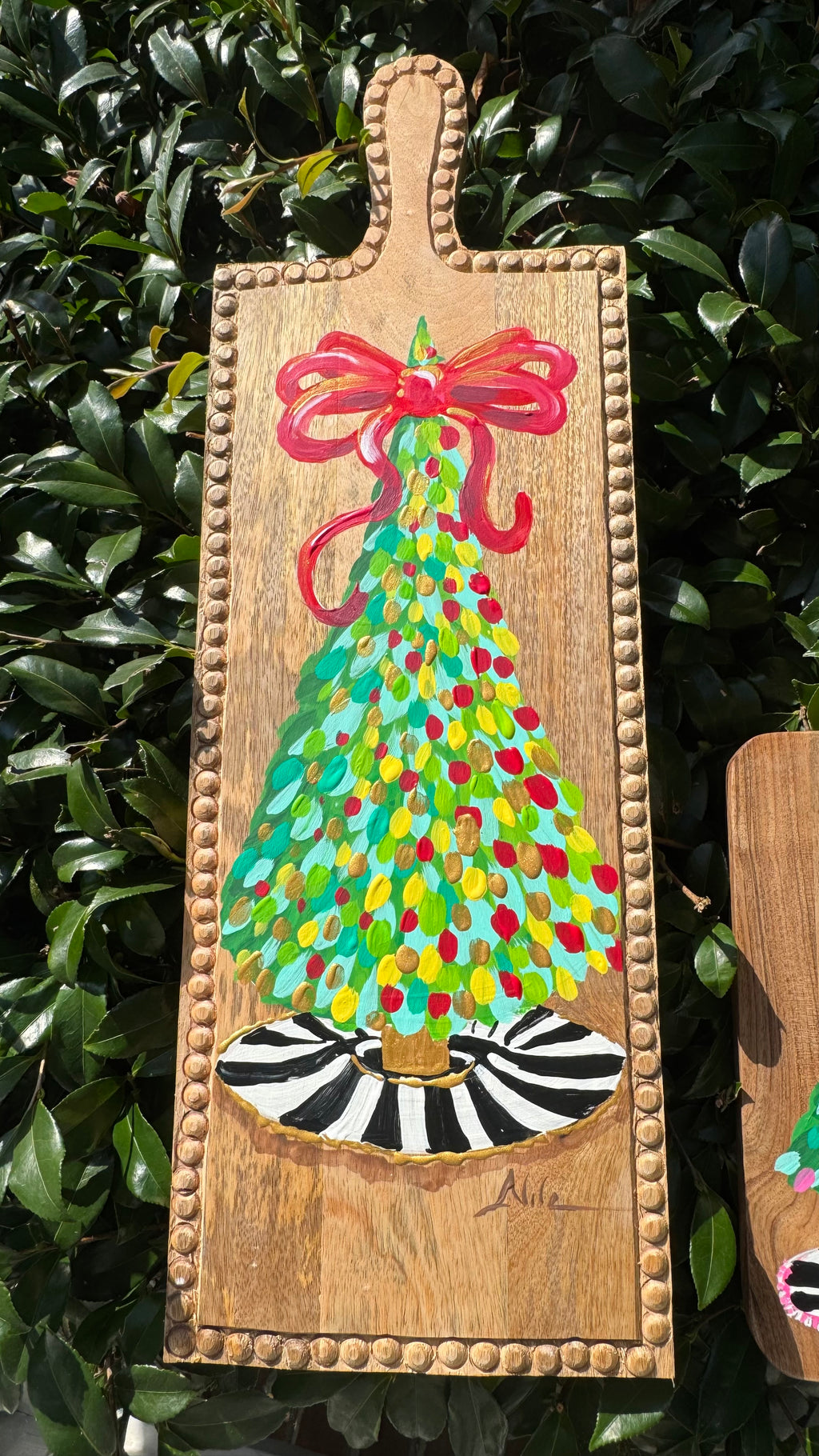 Artsy Christmas Tree Charcuterie Board with Red Bow