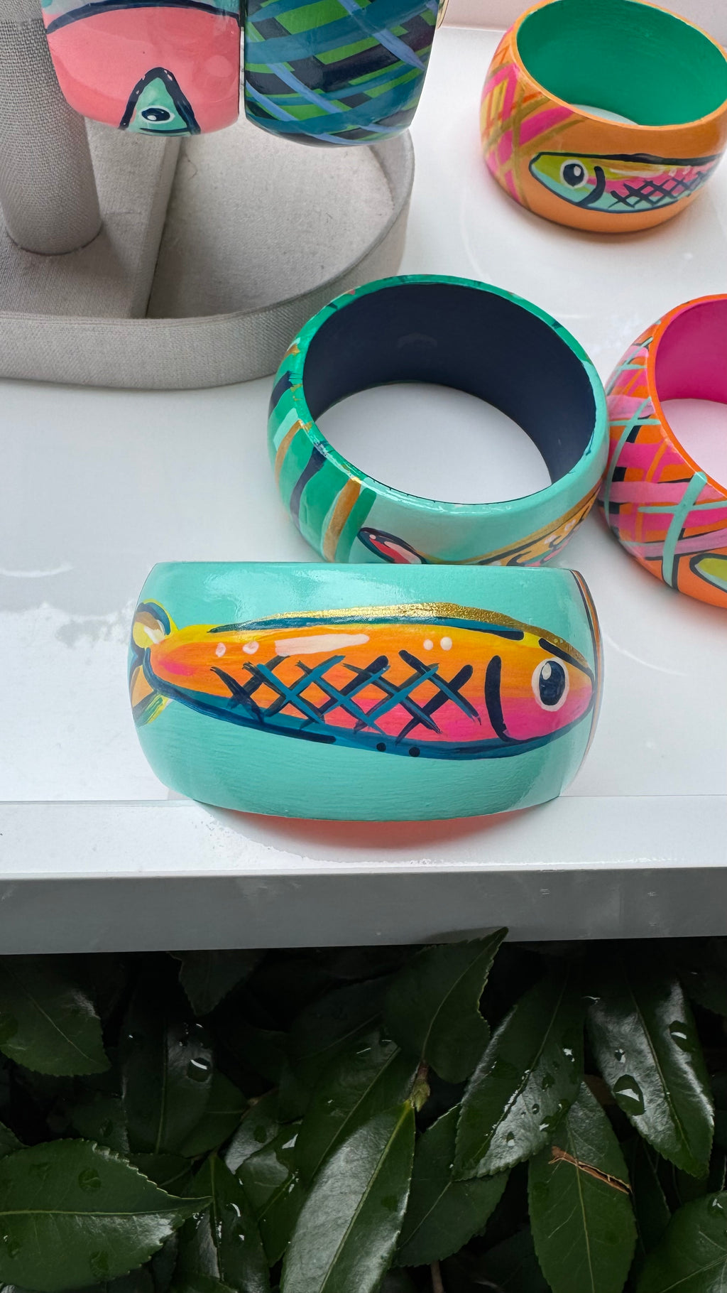 Hand Painted Fish Bracelet in Aqua