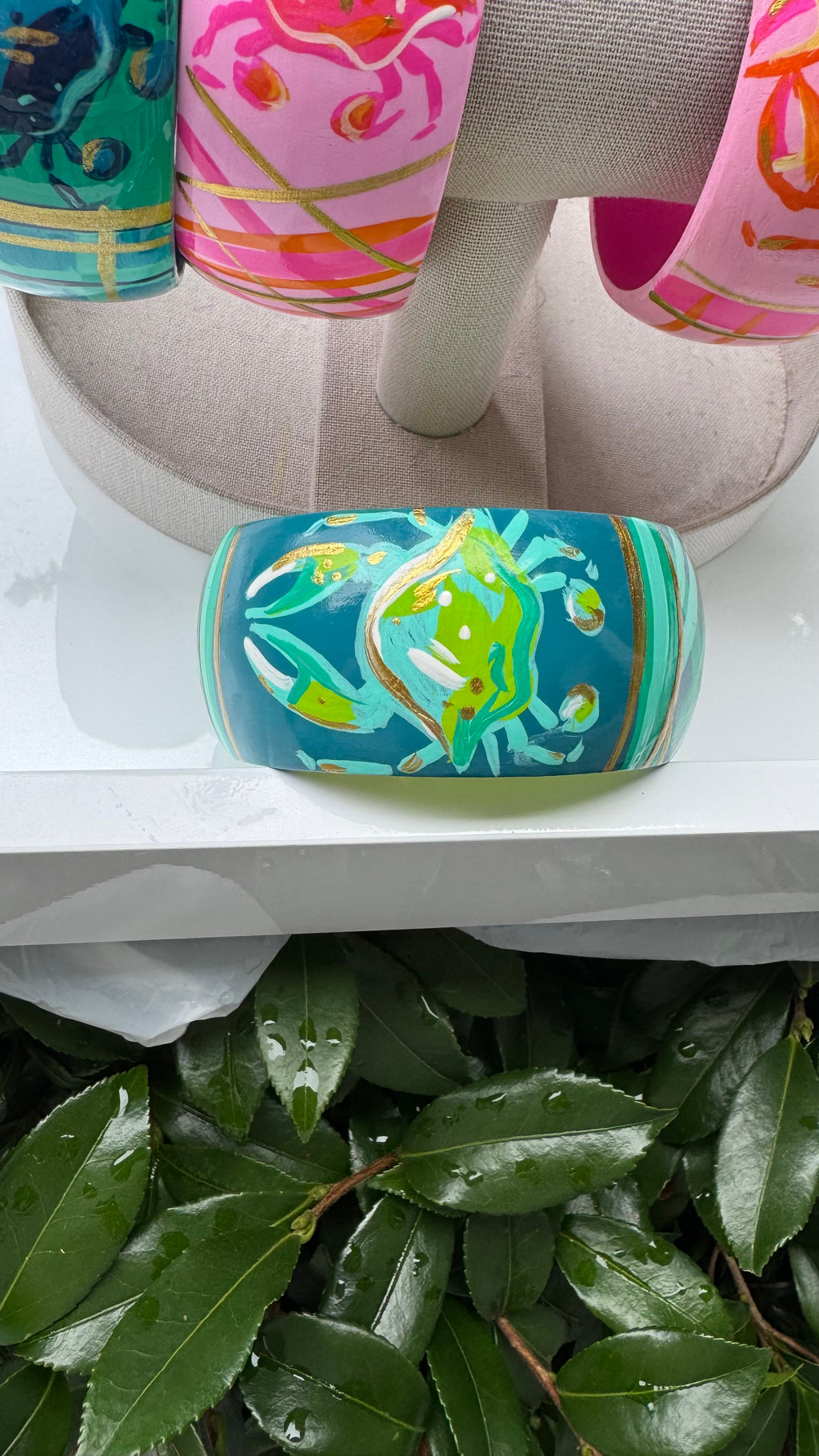 Hand Painted Crab Bracelet in Dark Turquoise