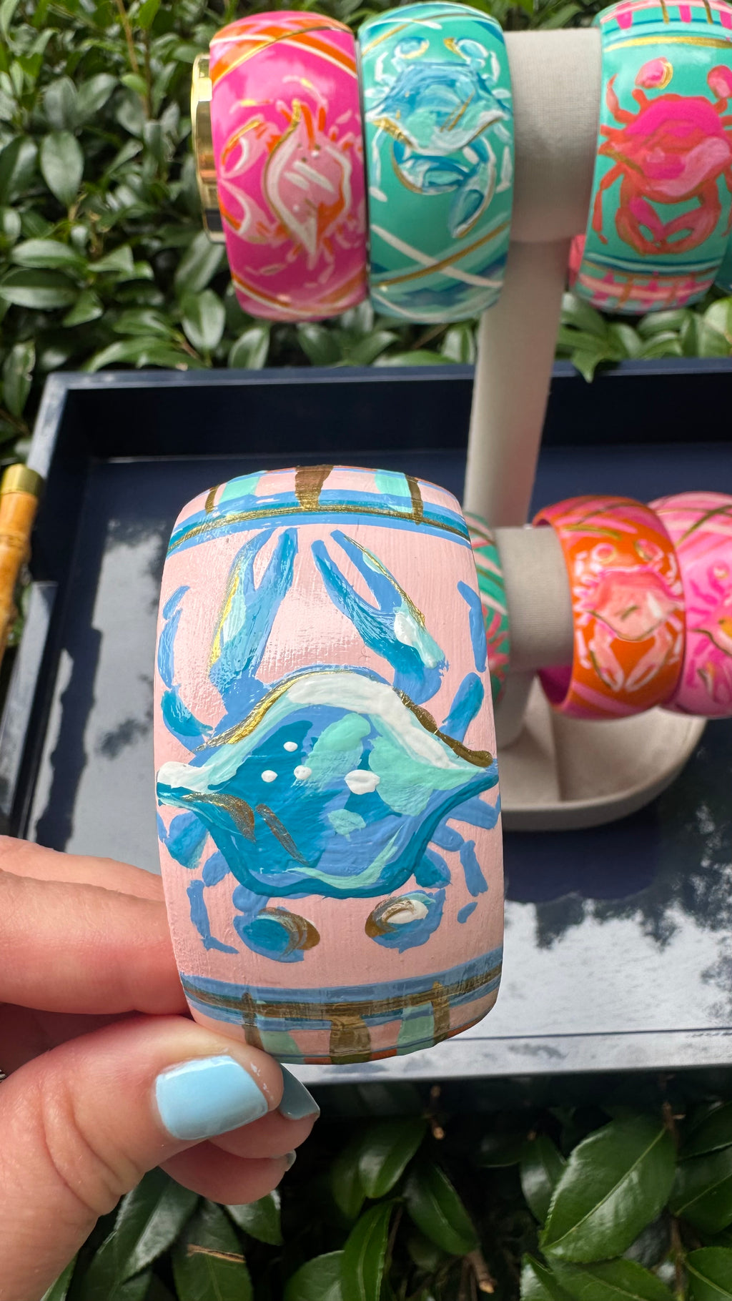Hand Painted Crab Bracelet in Pink and Blues