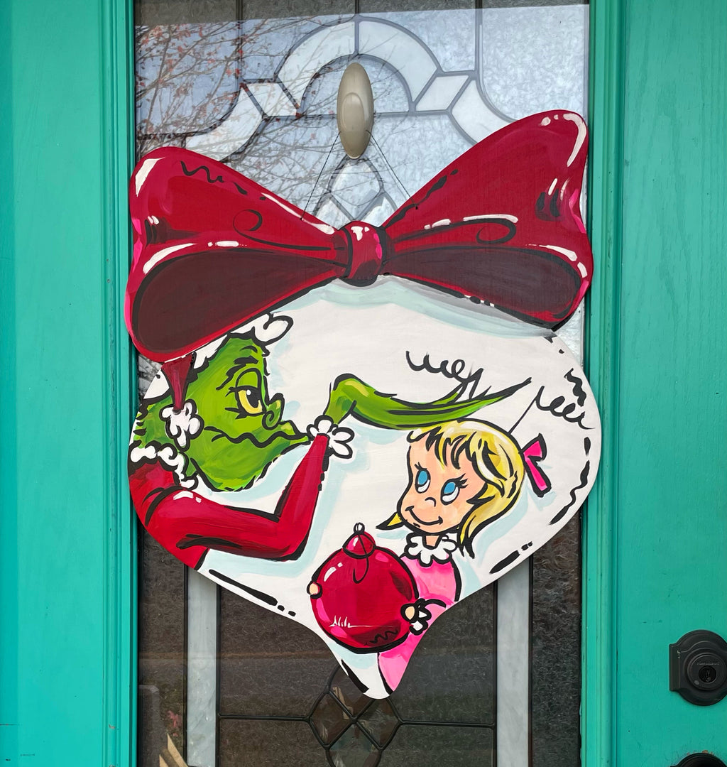 Red Bow Ornament with Grinch and Cindy Lou
