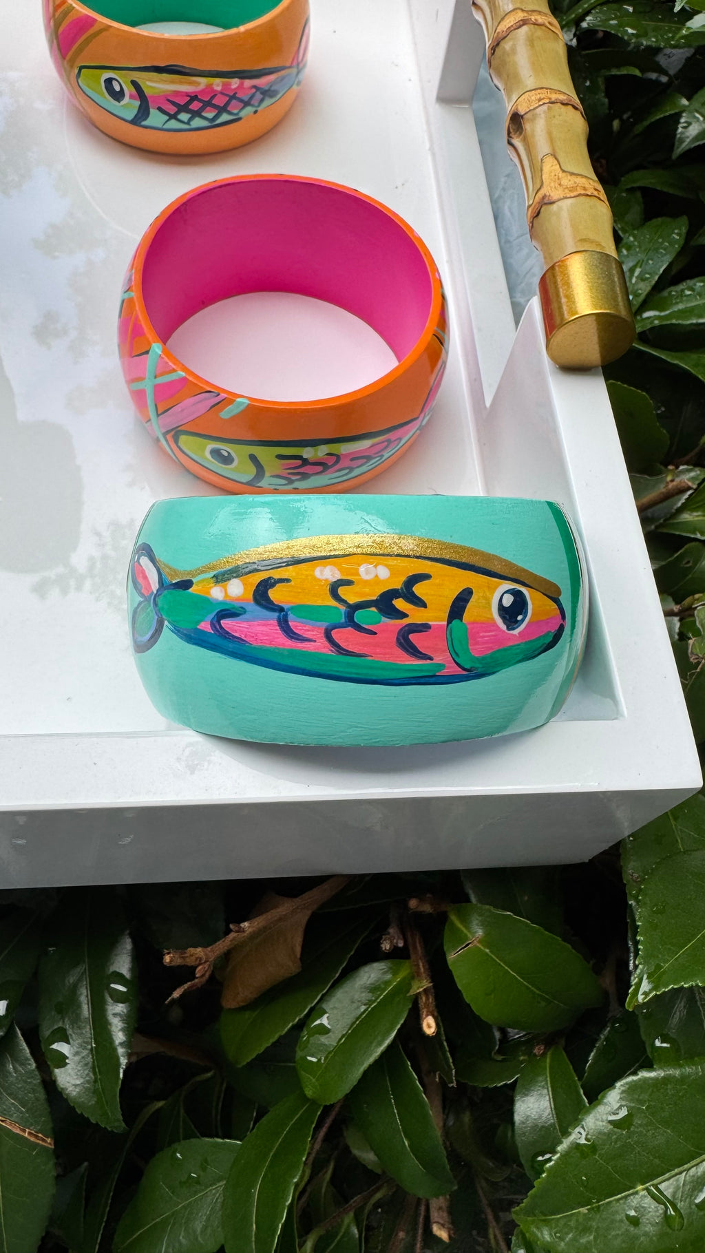 Hand Painted Bracelet with Fish in Blues